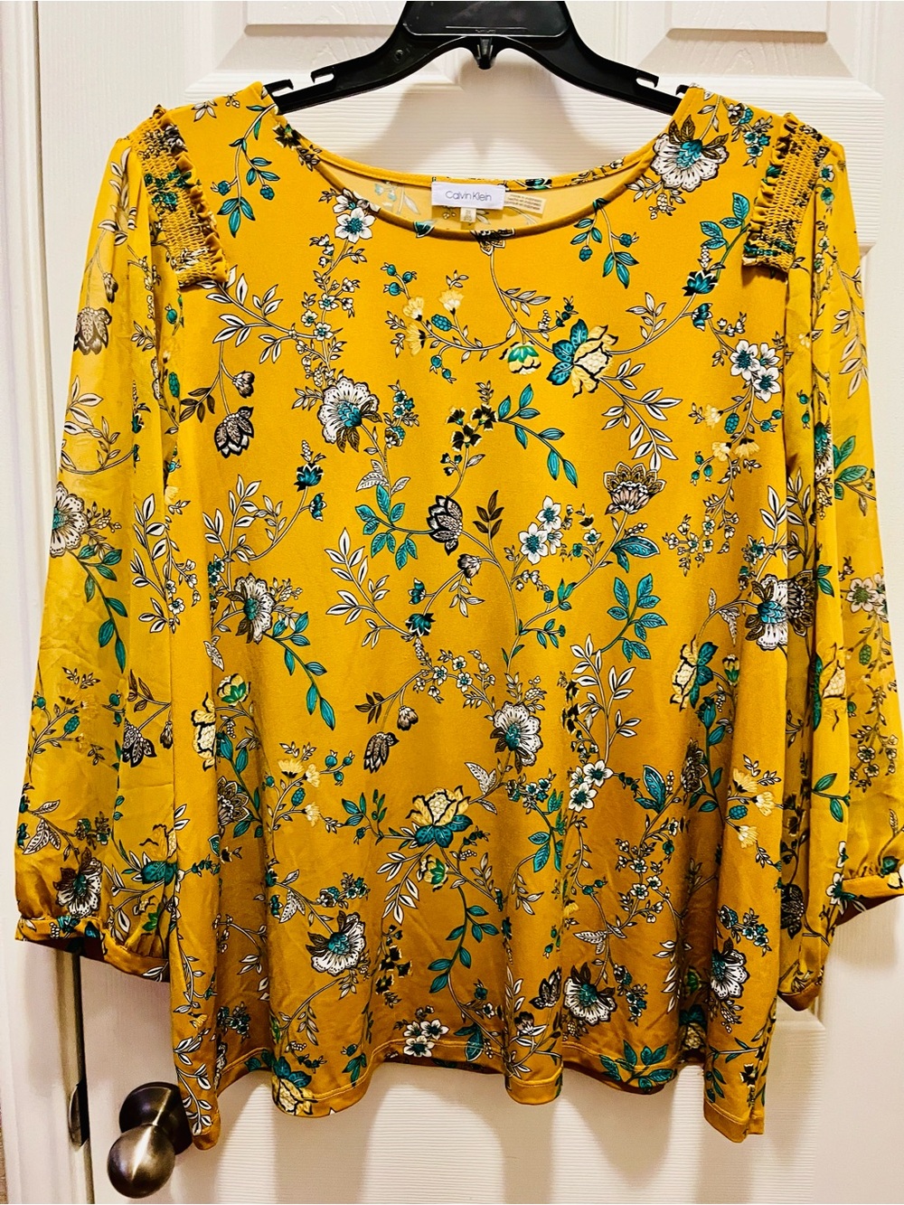 Calvin Klein Yellow Floral Smocked Shoulder Tunic